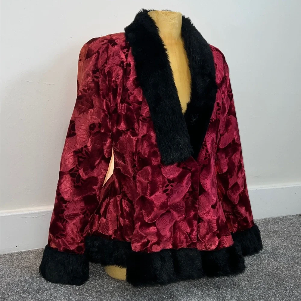 Elegant Custom Made Red Velvet Embossed Jacket w/ Black Furr Accents - Picture 2 of 7